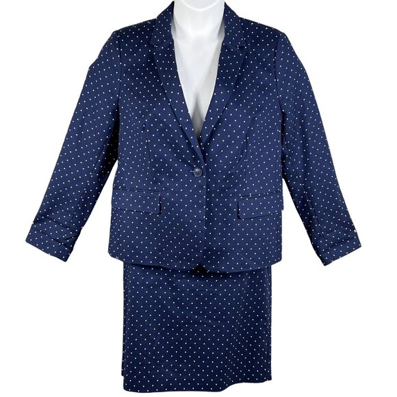 Liz Claiborne Career NWT Womens 14 /L Navy Polka Dot Blazer Skirt Set Power Suit - Picture 1 of 16